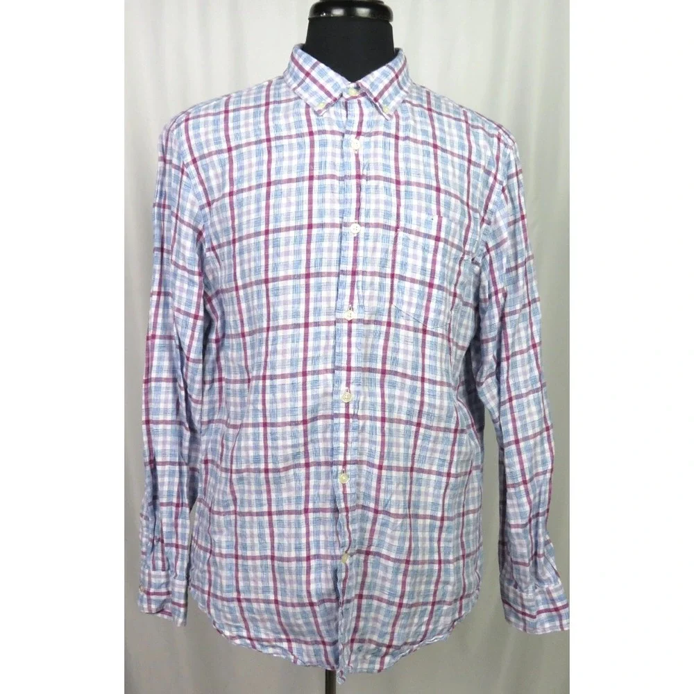 Banana Republic 100% Linen CAMDEN FIT‎ Plaid Button Up Shirt Men's Large